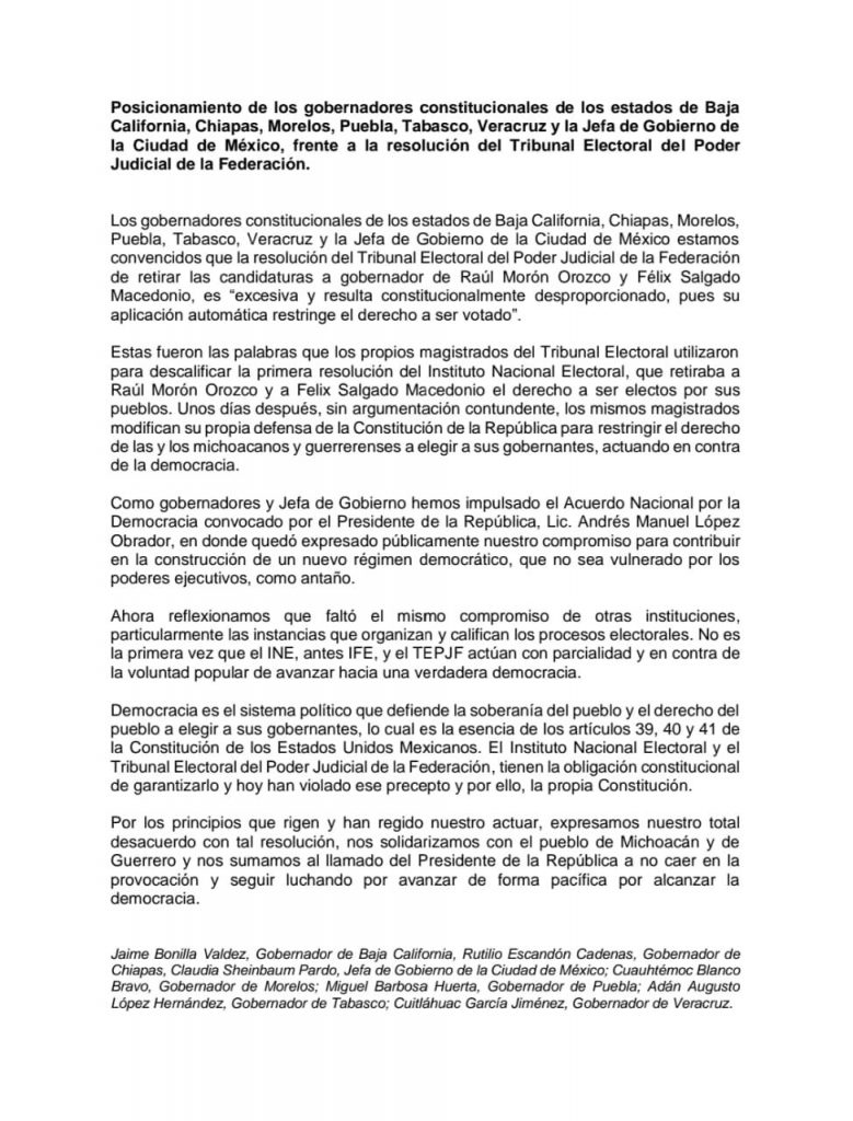 Gobernadores se posicionan ante decisión del TEPJF