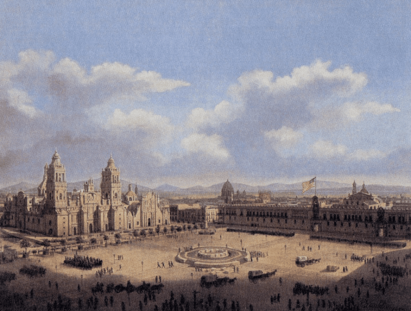 dibujo de palacio nacional con la bandera de Estados Unidos en 1847